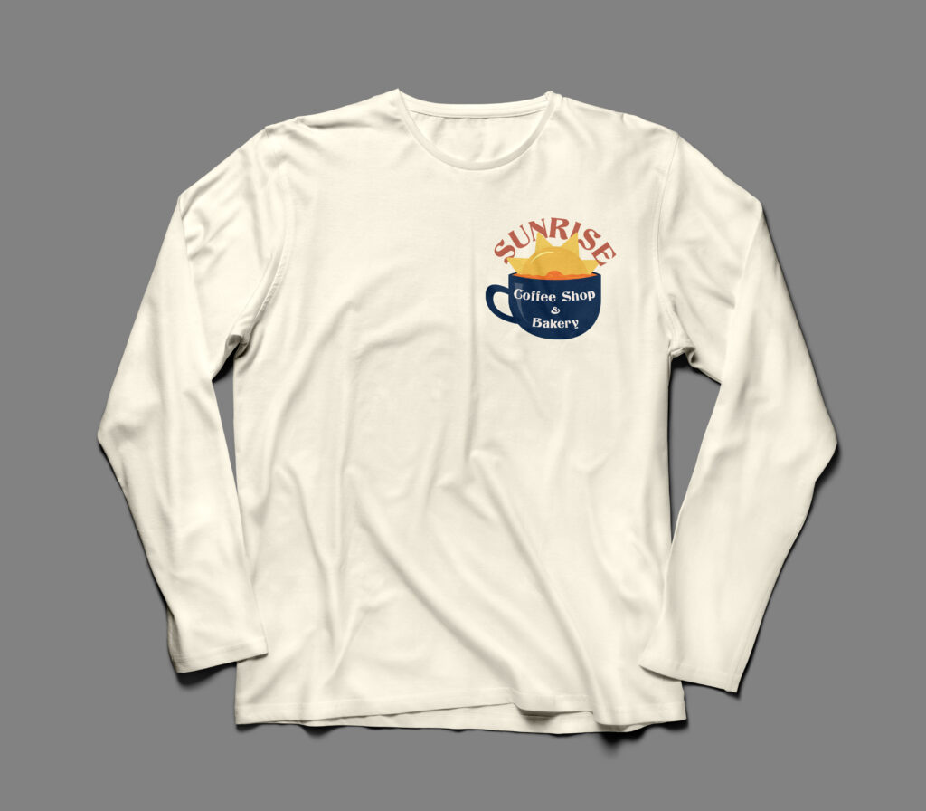 a cream long sleeve t-shirt with the sunrise logo in the top right of the front of the chest. 