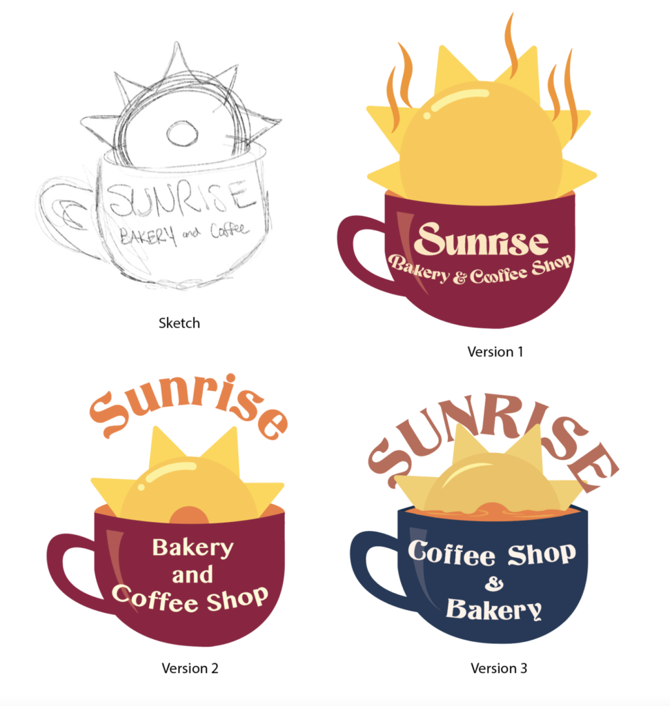 Sketch of new sunrise logo with a mug and a sun coming out of it and the name on the mug. a second version is in color  with a red mug and a yellow sun with orange steam coming off the sun. Third version is the same but the sunrise above and "bakery and coffee shop" on the mug and a hole in the center of the sun to look like. a donut. The final versions. afire muted tones and a blue mug and with orange drink in the mug.